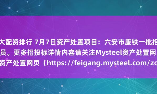 十大配资排行 7月7日资产处置项目：六安市废铁一批招标，招标公告请联系管理员。更多招投标详情内容请关注Mysteel资产处置网页（https://feigang.mysteel.com/zccz/）